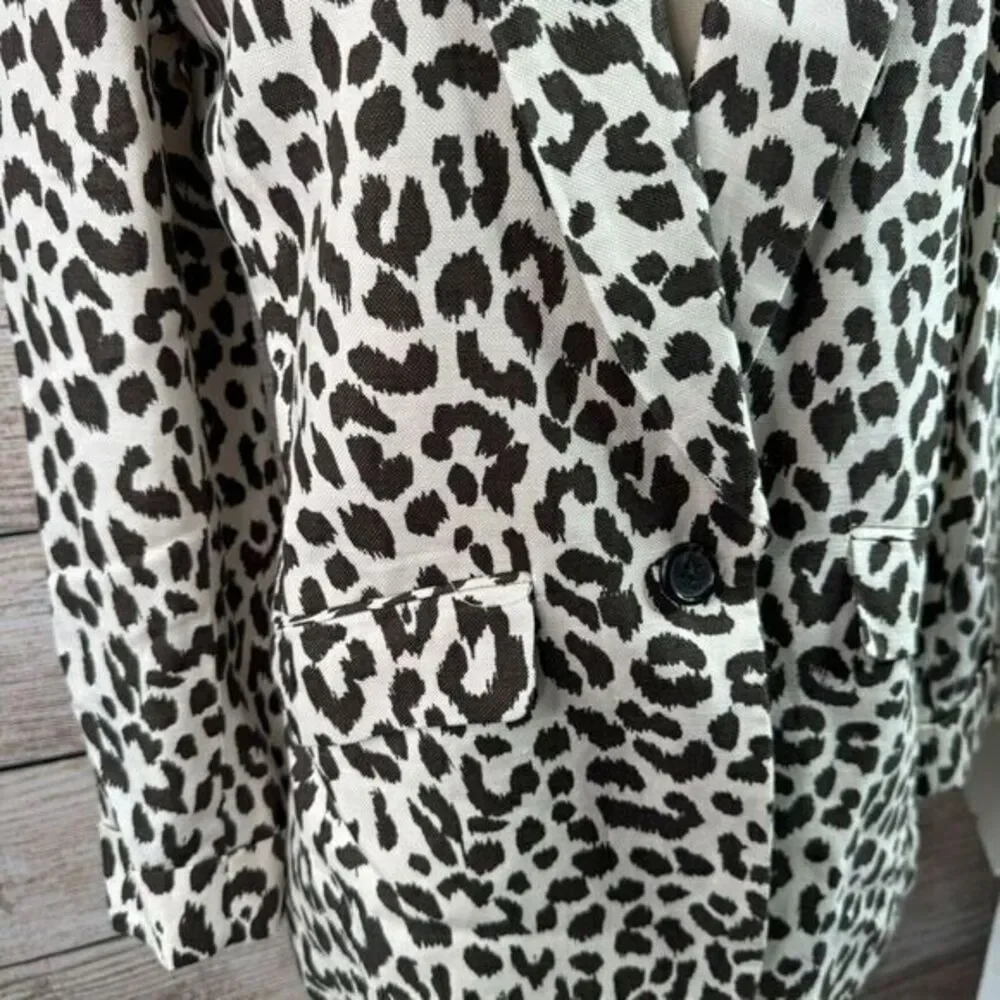 J Crew Women's Size 2 Brown Linen Leopard Print‎ Mid-Length Summer Blazer - Picture 8 of 9